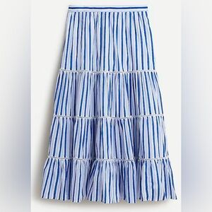 J. Crew Tiered Midi Skirt in Blue and White Stripe